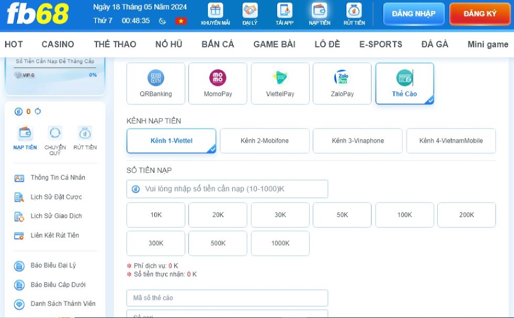 Nhà cái hỗ trợ đa dạng hình thức nạp tiền FB68