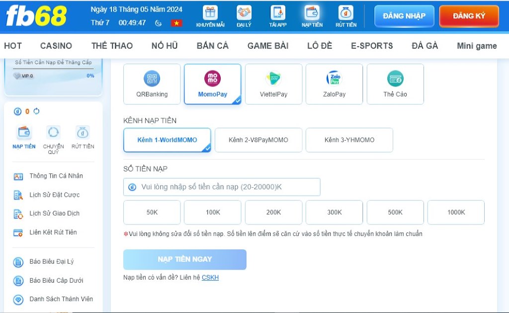 Quy trình nạp tiền Fb68 đơn giản